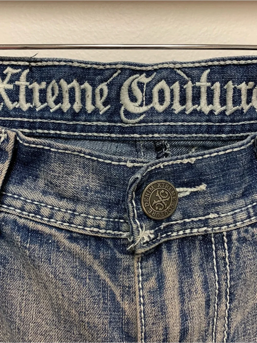 Xtreme Couture Leather Cross Straight Jeans 34 x 27 Y2K Distressed Vtg *Hemmed